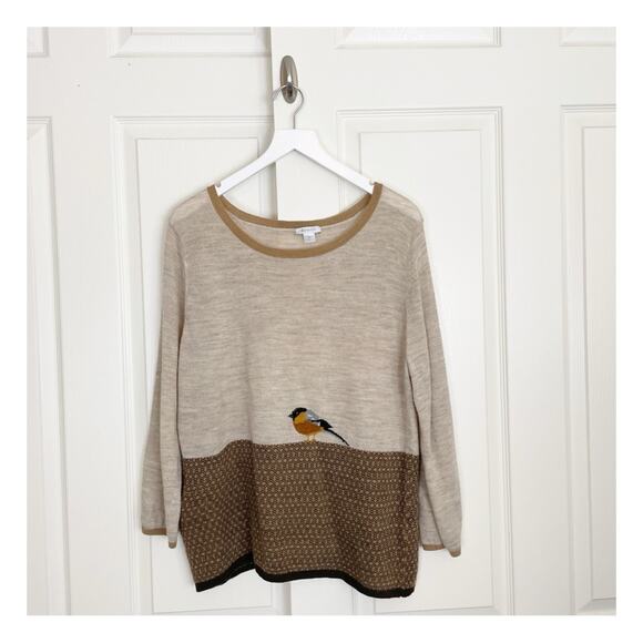 Garnet Hill Sweaters - Garnet Hill Bird Nature Motif Oatmeal Brown Crewneck Sweater Wool Acrylic Sz XL